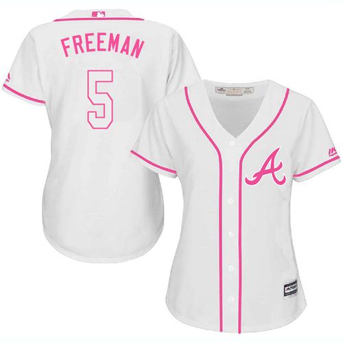 Braves #5 Freddie Freeman White/Pink Fashion Women's Stitched MLB Jersey